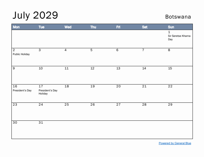 July 2029 Simple Monthly Calendar for Botswana