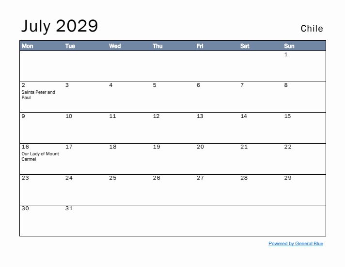 July 2029 Simple Monthly Calendar for Chile