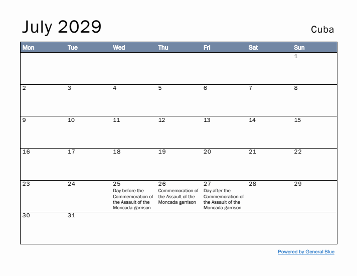 July 2029 Simple Monthly Calendar for Cuba