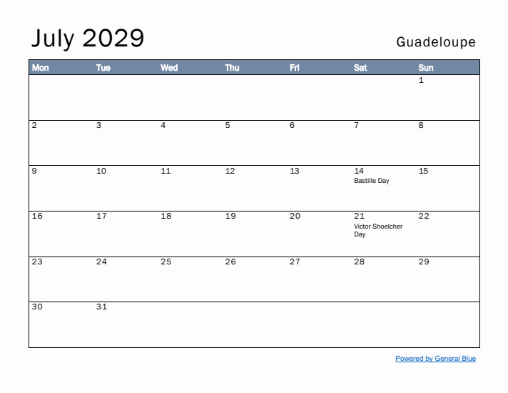 July 2029 Simple Monthly Calendar for Guadeloupe