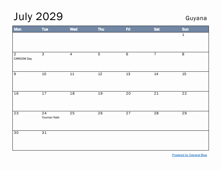 July 2029 Simple Monthly Calendar for Guyana