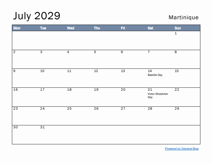 July 2029 Simple Monthly Calendar for Martinique