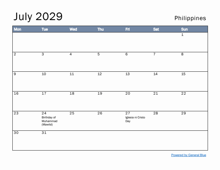 July 2029 Simple Monthly Calendar for Philippines