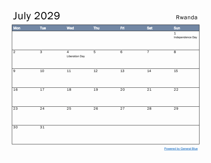 July 2029 Simple Monthly Calendar for Rwanda