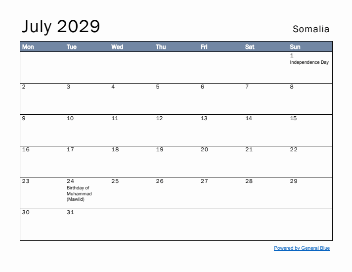 July 2029 Simple Monthly Calendar for Somalia