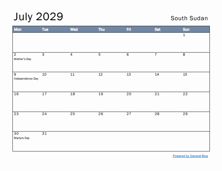 July 2029 Simple Monthly Calendar for South Sudan