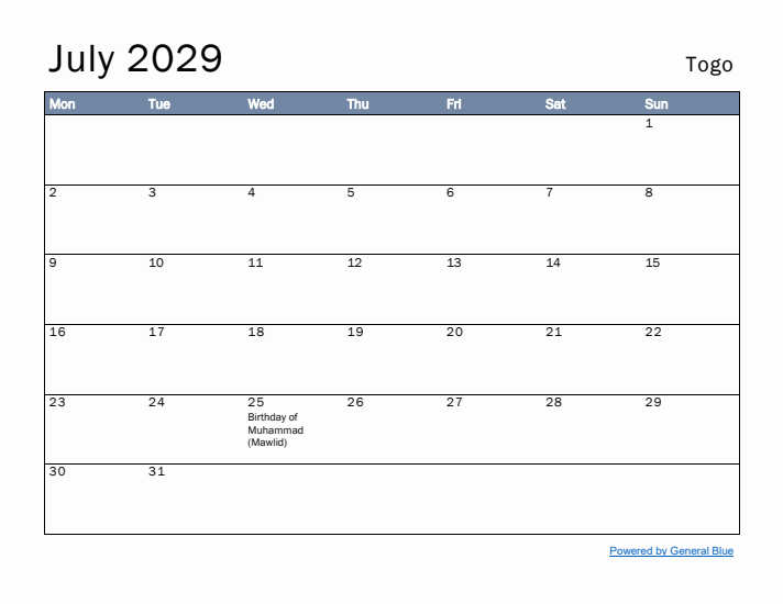 July 2029 Simple Monthly Calendar for Togo