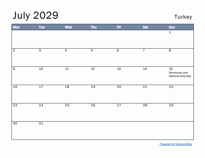 July 2029 Simple Monthly Calendar for Turkey