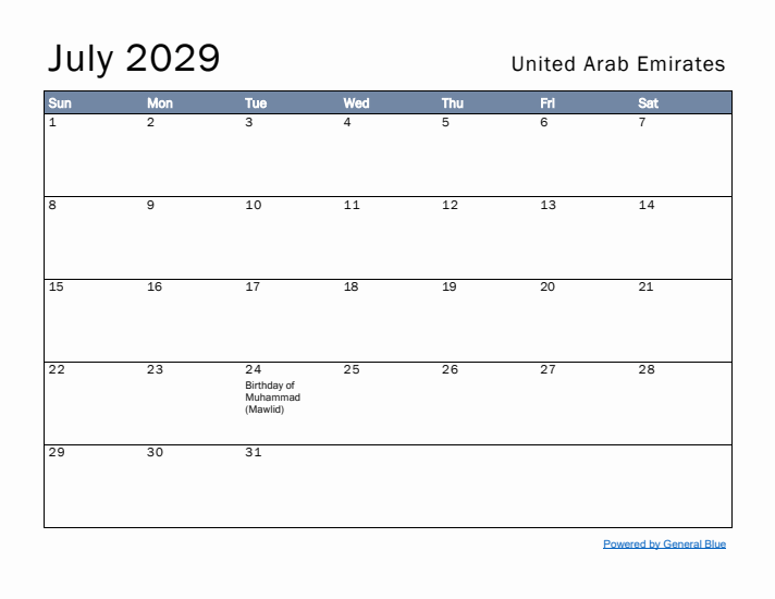 July 2029 Simple Monthly Calendar for United Arab Emirates