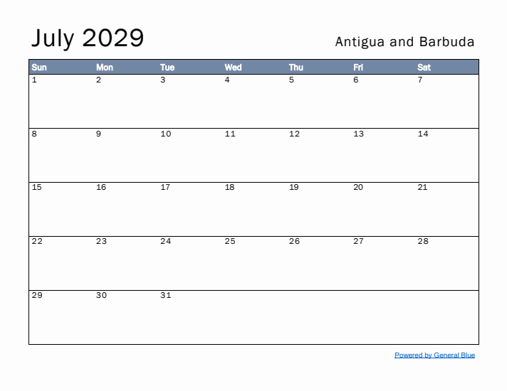 July 2029 Simple Monthly Calendar for Antigua and Barbuda