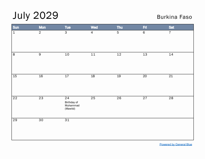 July 2029 Simple Monthly Calendar for Burkina Faso