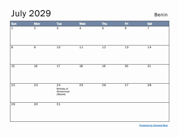 July 2029 Simple Monthly Calendar for Benin