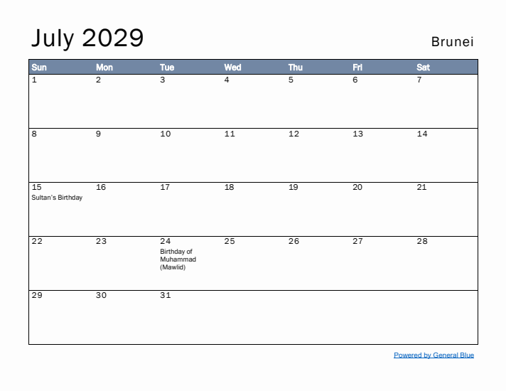 July 2029 Simple Monthly Calendar for Brunei