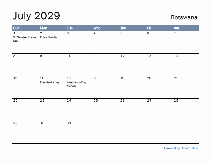 July 2029 Simple Monthly Calendar for Botswana