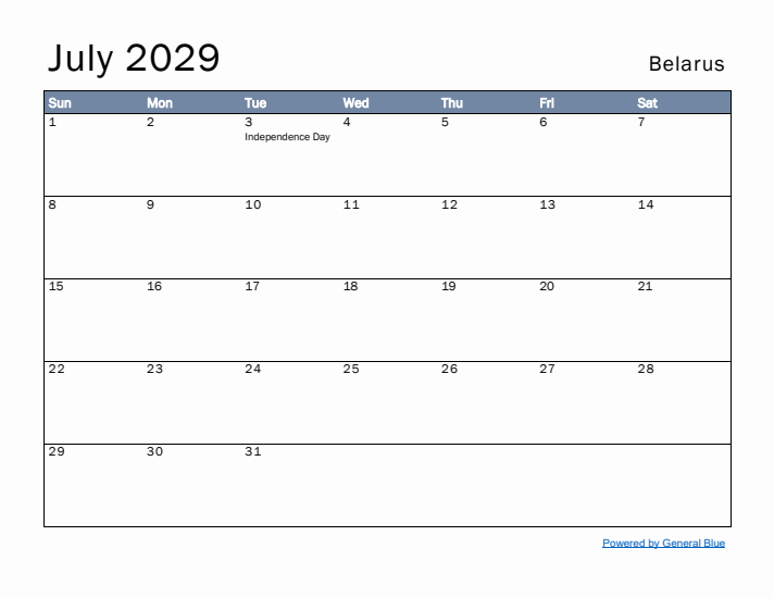 July 2029 Simple Monthly Calendar for Belarus