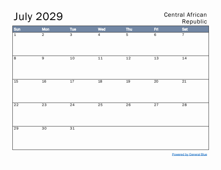 July 2029 Simple Monthly Calendar for Central African Republic