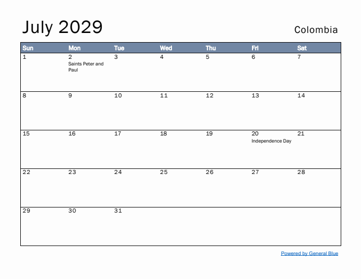 July 2029 Simple Monthly Calendar for Colombia