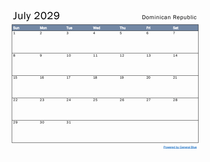 July 2029 Simple Monthly Calendar for Dominican Republic