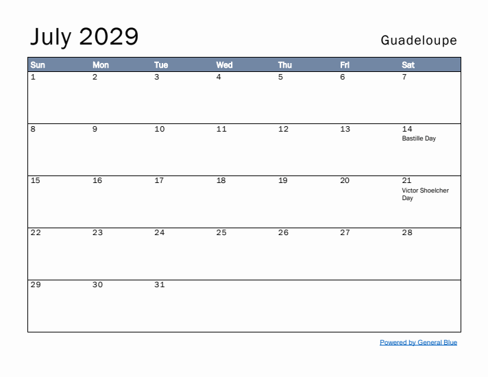 July 2029 Simple Monthly Calendar for Guadeloupe