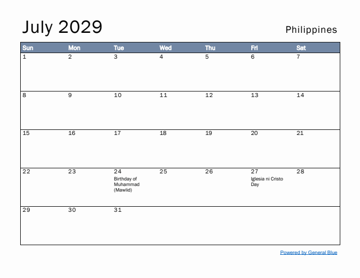 July 2029 Simple Monthly Calendar for Philippines