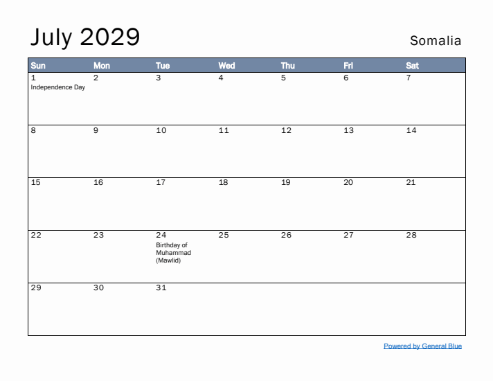 July 2029 Simple Monthly Calendar for Somalia