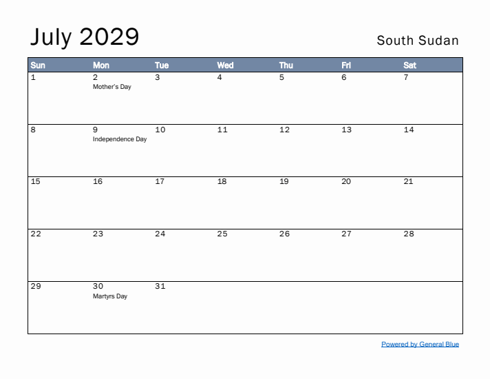 July 2029 Simple Monthly Calendar for South Sudan