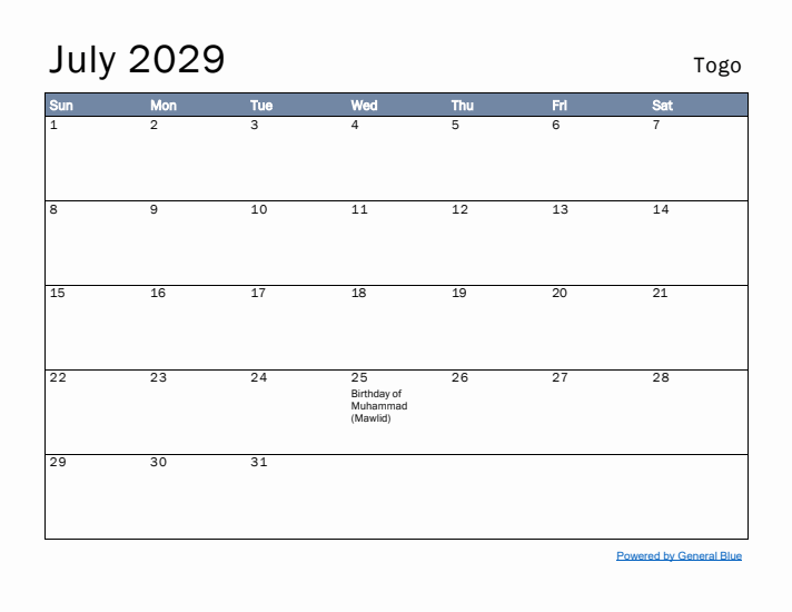 July 2029 Simple Monthly Calendar for Togo