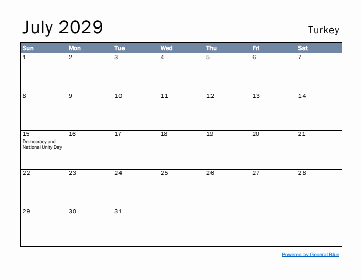 July 2029 Simple Monthly Calendar for Turkey