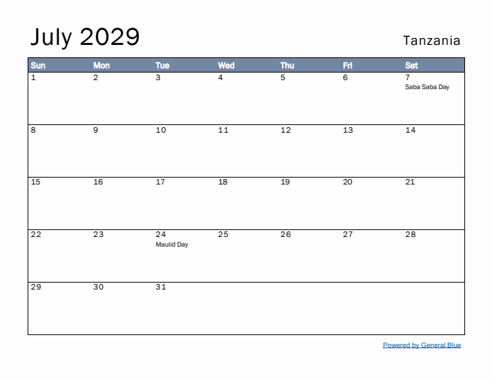 July 2029 Simple Monthly Calendar for Tanzania