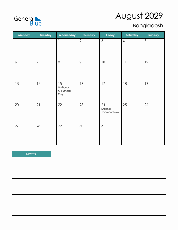 Calendar with Notes Printable - Monday Start