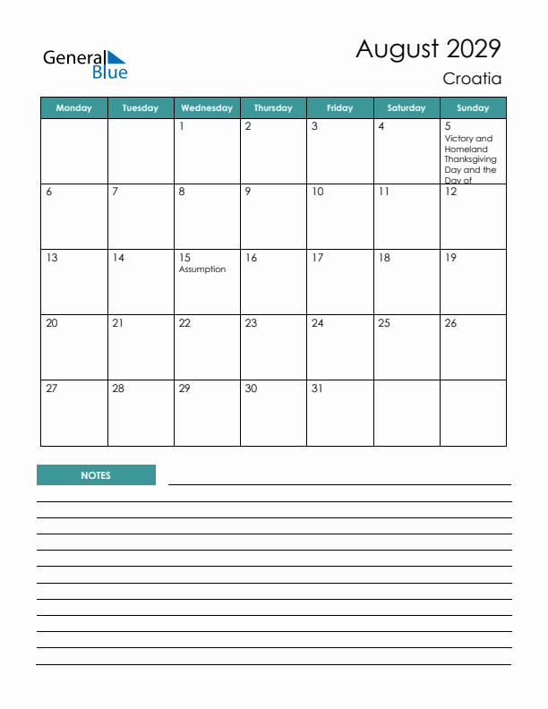 Calendar with Notes Printable - Monday Start