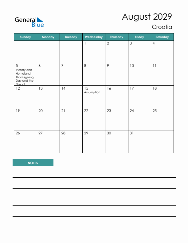 Calendar with Notes Printable - Sunday Start