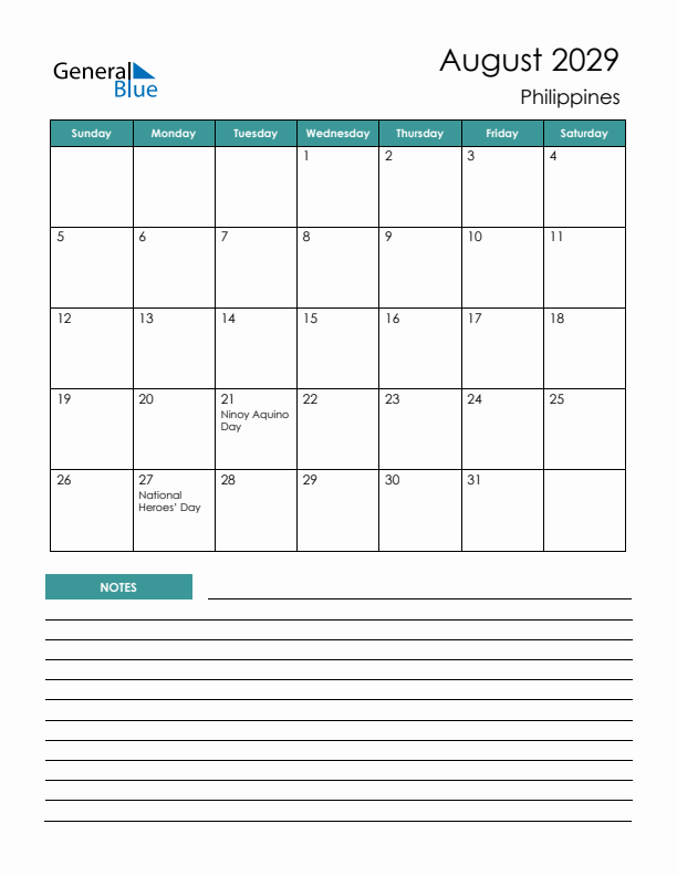 Calendar with Notes Printable - Sunday Start