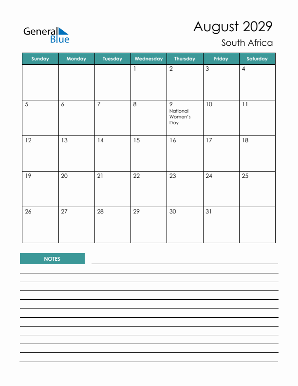 Calendar with Notes Printable - Sunday Start