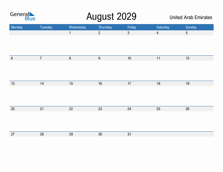 Fillable August 2029 Calendar