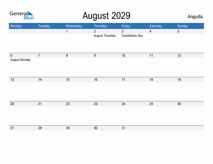 Fillable August 2029 Calendar