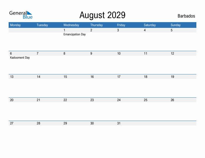 Fillable August 2029 Calendar