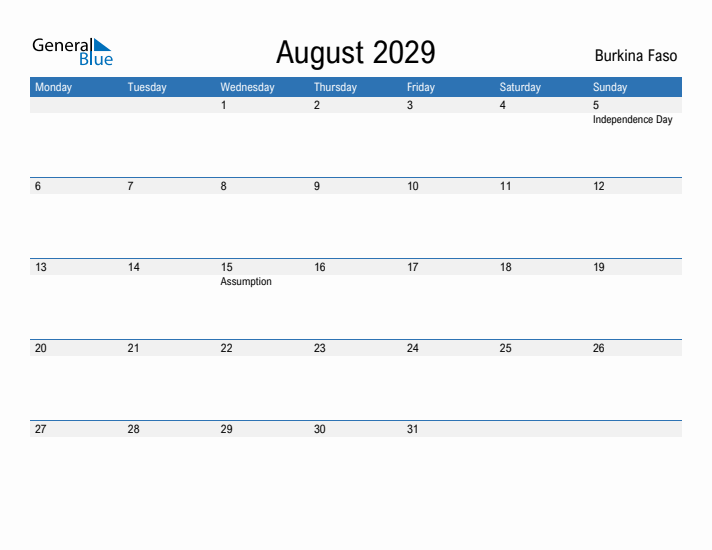 Fillable August 2029 Calendar