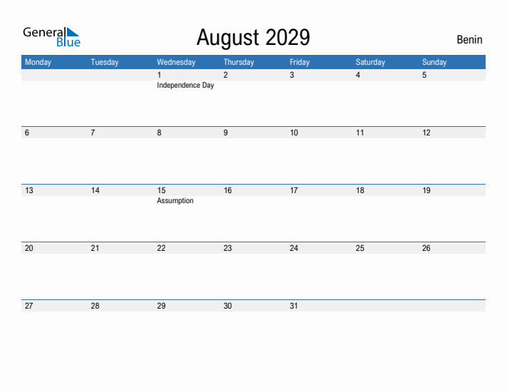 Fillable August 2029 Calendar