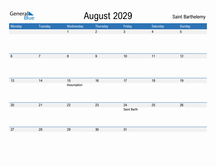 Fillable August 2029 Calendar