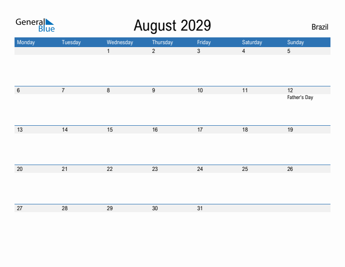 Fillable August 2029 Calendar