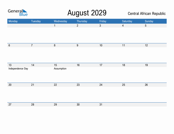 Fillable August 2029 Calendar