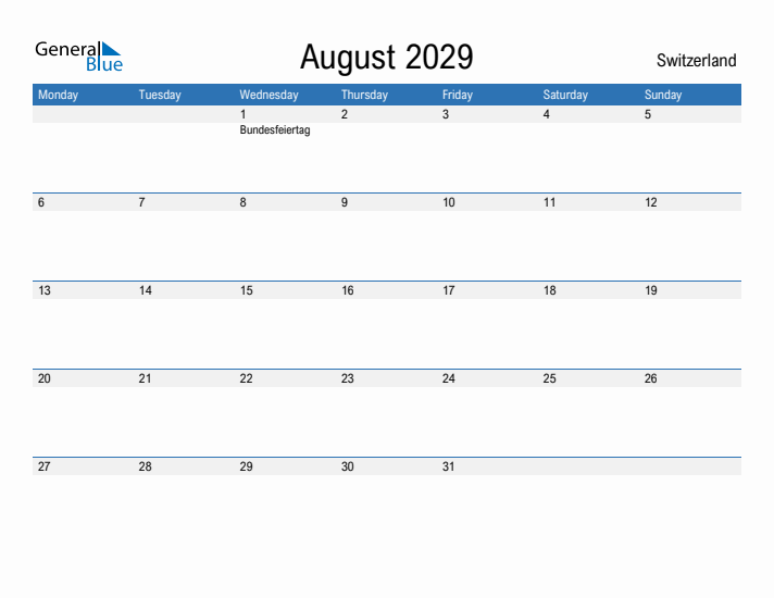 Fillable August 2029 Calendar