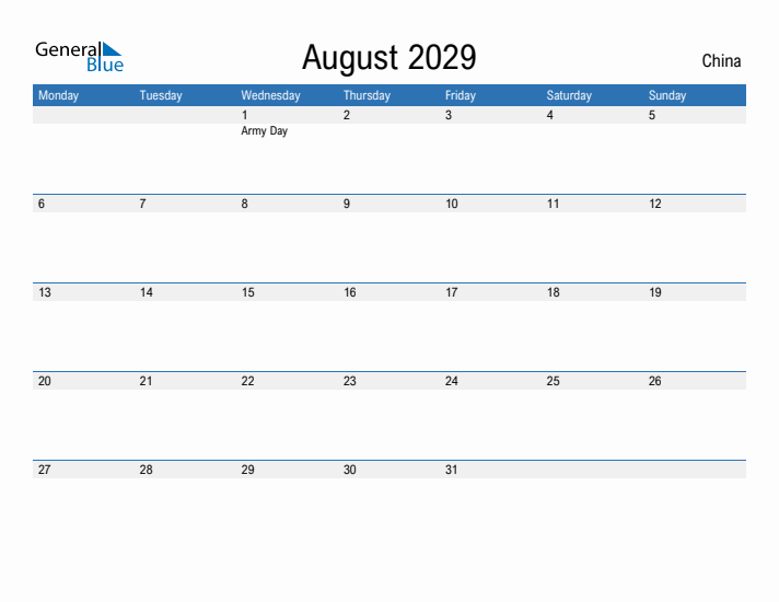 Fillable August 2029 Calendar