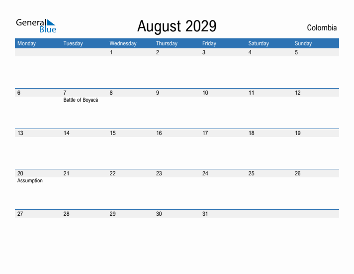 Fillable August 2029 Calendar