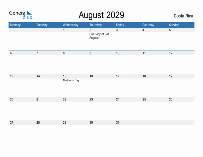 Fillable August 2029 Calendar