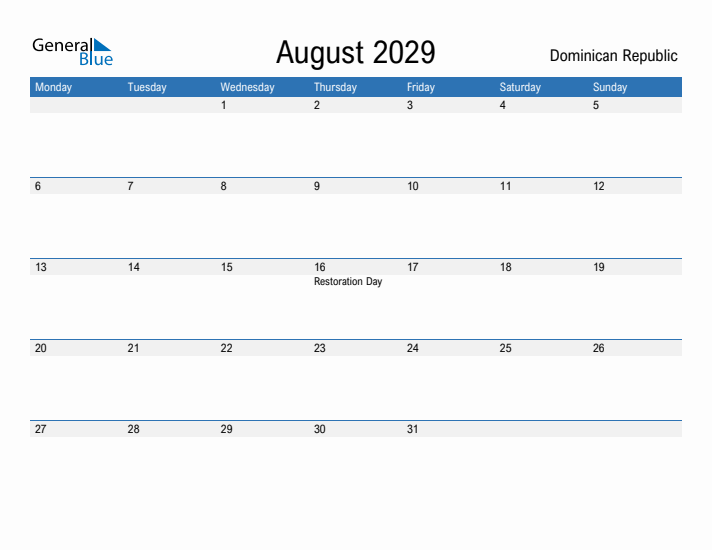 Fillable August 2029 Calendar