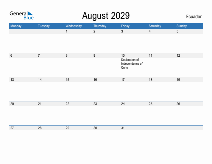 Fillable August 2029 Calendar