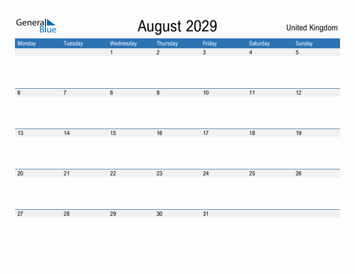 Fillable August 2029 Calendar