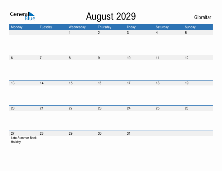 Fillable August 2029 Calendar